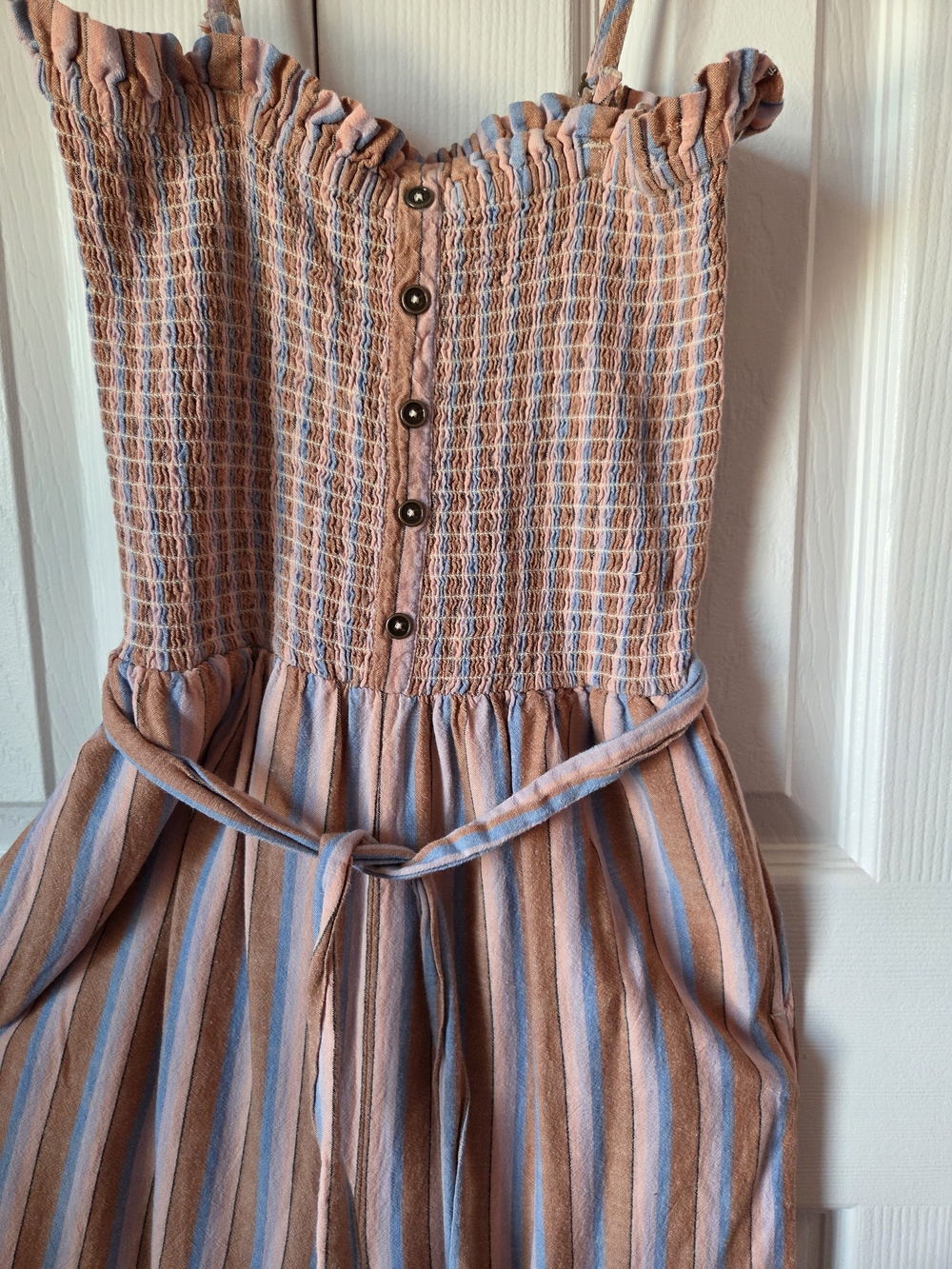 Billabong Pink and Blue Striped Smocked Jumpsuit